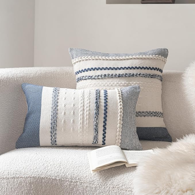 Boho Throw Pillow Covers 20x20 Inch Set of 2, Navy Blue Textured Decorative Couch Pillow Cases for Farmhouse Home Decor, Accent Cushion Cover for Sofa, Bed, Living Room, Bedroom
