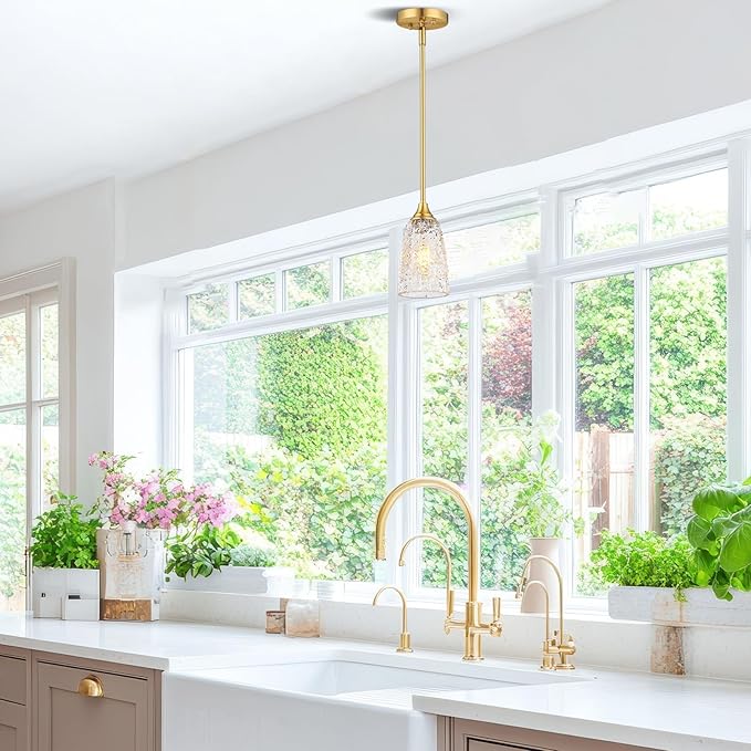 Glass Pendant Lights Kitchen Island, 1-Light Brushed Gold Pendant Light Fixtures with Hammered Glass and Rods, Modern Farmhouse Mini Hanging Light for Kitchen Sink Dining Room Bedroom, E26