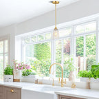 Glass Pendant Lights Kitchen Island, 1-Light Brushed Gold Pendant Light Fixtures with Hammered Glass and Rods, Modern Farmhouse Mini Hanging Light for Kitchen Sink Dining Room Bedroom, E26