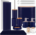 Navy Blue Bathroom Set, 25 PCS Bathroom Accessories Set with Shower Curtains, Rugs, Trash Can, Toothbrush Holder, Soap Dispensers, Toothbrush Cup, Vanity Tray, Soap Dish, Toilet Brush, Qtip Holders