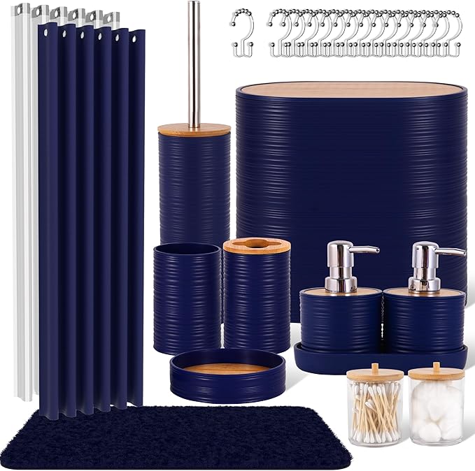 Navy Blue Bathroom Set, 25 PCS Bathroom Accessories Set with Shower Curtains, Rugs, Trash Can, Toothbrush Holder, Soap Dispensers, Toothbrush Cup, Vanity Tray, Soap Dish, Toilet Brush, Qtip Holders