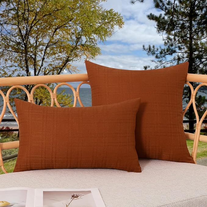 Kevin Textile Pack of 2 Outdoor Waterproof Pillow Covers Checkered Decorative Cushions Sham Throw Pillowcases Shell for Patio Tent Garden Couch Bed Sofa 24x24 Inch Burnt Orange