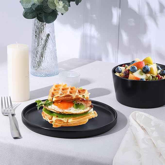 Herogo 18 Pieces Stoneware Dinnerware Sets for 6, Dinner Plates and Bowls Set, Reactive Glaze Dishes for Kitchen, Chip Resistant, Microwave & Dishwasher Safe, Matte Black