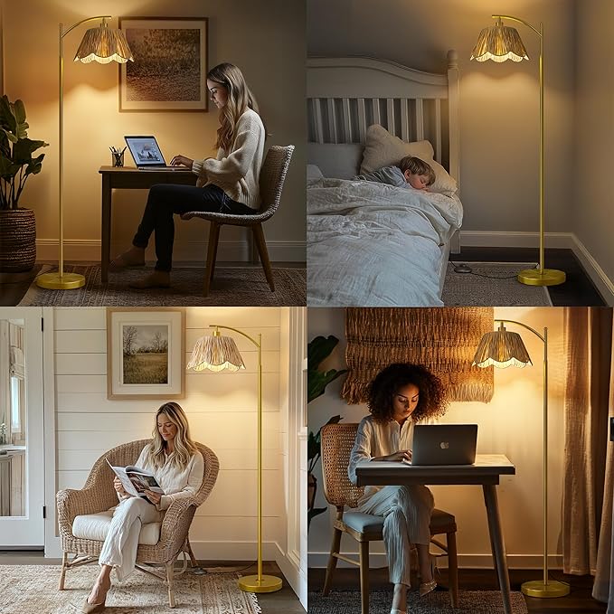 Oneach Gold Floor Lamps for Living Room, Arc Floor Lamp with Hand-Woven Wicker Shade, Foot Switch,Metal Base & Pole,Boho Rattan Standing Lamp for Bedroom Living Room,Office,Reading