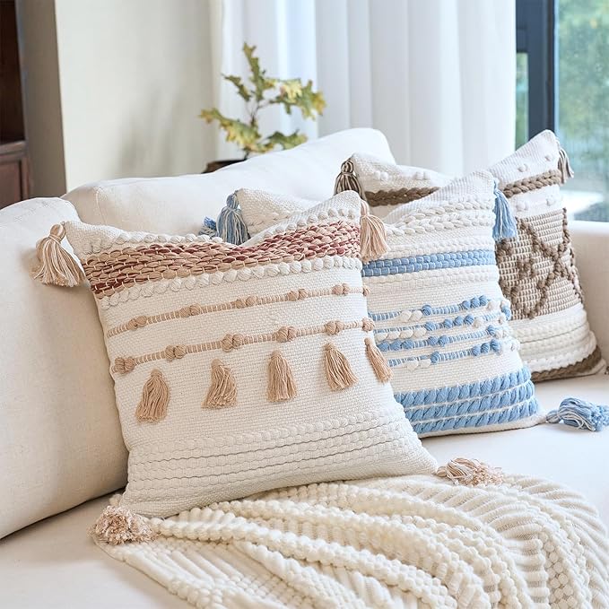 Boho Coral Decorative Pillow Cover with Cording and Tassels Handmade Accent Woven Textured Square Throw Pillow Case for Couch Sofa Farmhouse Living Room Home Decor 18"x18" Pink Rust
