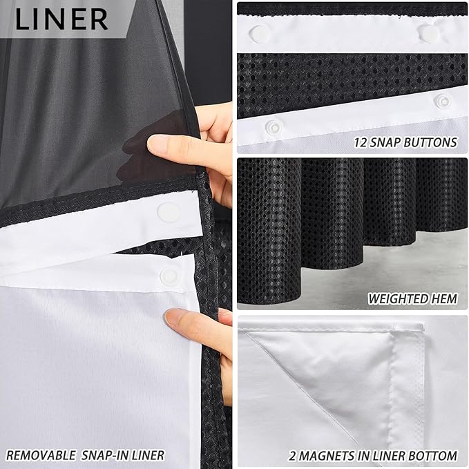 Extra Long No Hook Waffle Weave Shower Curtain with Snap in Fabric Liner Set,Heavy Duty Bathroom Curtains with See Through Window,Machine Washable & Waterproof,Black,71x84 Inch