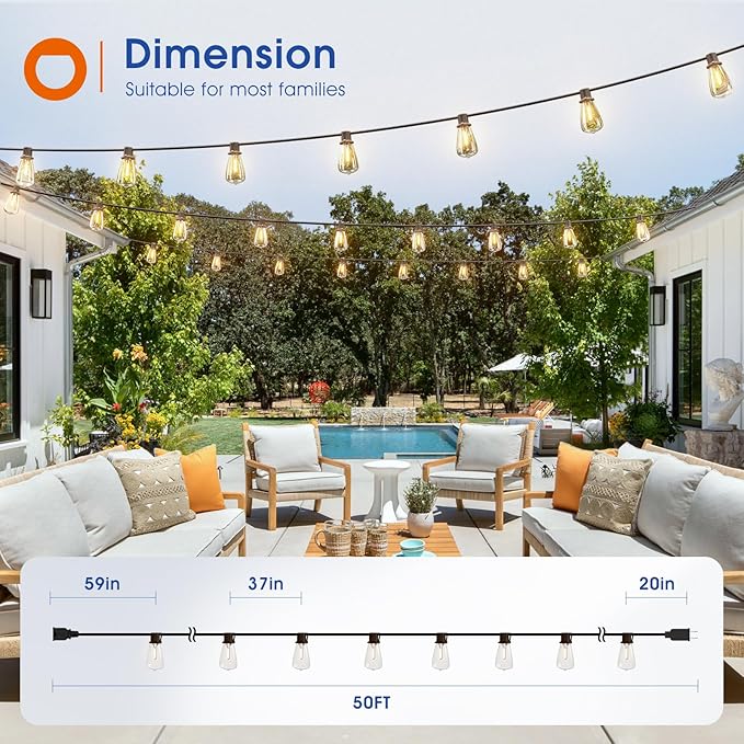addlon 50FT LED Outdoor String Lights Waterproof Patio Lights with 16 Shatterproof ST38 Replaceable Bulbs(1 Spare), Dimmable Outside Hanging Light Connectable for Porch, Backyard, 2200K Warm Yellow