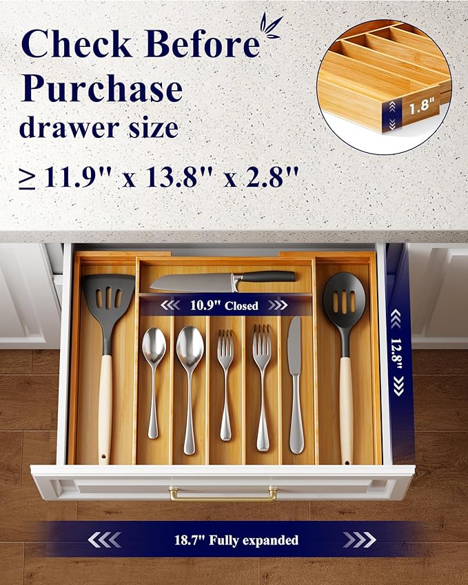 Kitsure Large Bamboo Silverware Organizer - Expandable Drawer Organizer for Utensil, Cutlery and Flatware, Kitchen Storage Solution with 6 to 8 Slots, Natural, 18.7" × 12.8" × 1.8"