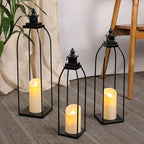 DARJEN 3 Pcs Black Metal Decorative Candle Lantern Set, 16'' 19'' 22'' Modern Lantern with 3 Flameless Candles for Indoor & Outdoor, Decorative Large Lanterns for Porch, Patio, Fireplace & Home Decor