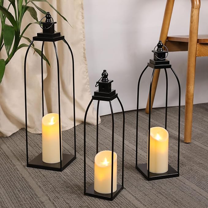 DARJEN 3 Pcs Black Metal Decorative Candle Lantern Set, 16'' 19'' 22'' Modern Lantern with 3 Flameless Candles for Indoor & Outdoor, Decorative Large Lanterns for Porch, Patio, Fireplace & Home Decor
