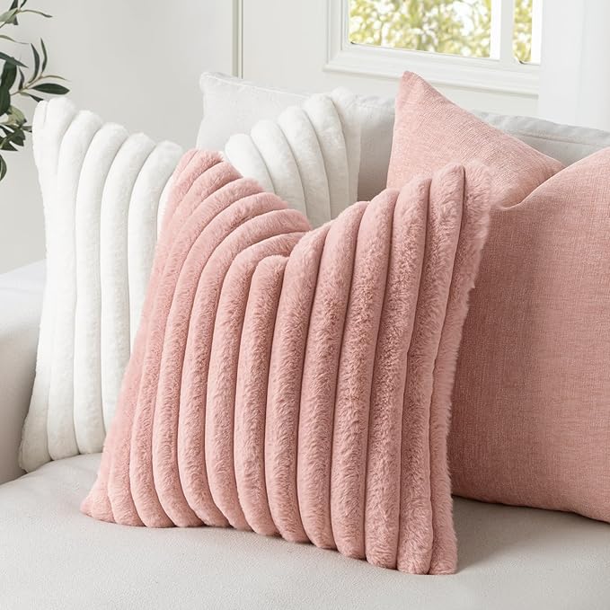 MIULEE Faux Fur Decorative Throw Pillow Covers 16x16 Inch Set of 2, Modern Spring Home Decor Soft Plush Couch Pillows Cozy Fluffy Cushion Covers for Sofa Bed Blush Pink