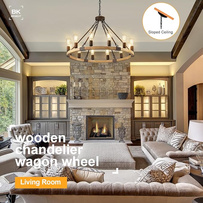 Farmhouse Wagon Wheel Chandelier 31" Wooden Rustic Light Fixtures 12-Light Wood Round Chandelier for Dining Room Living Room Entryway Foyer
