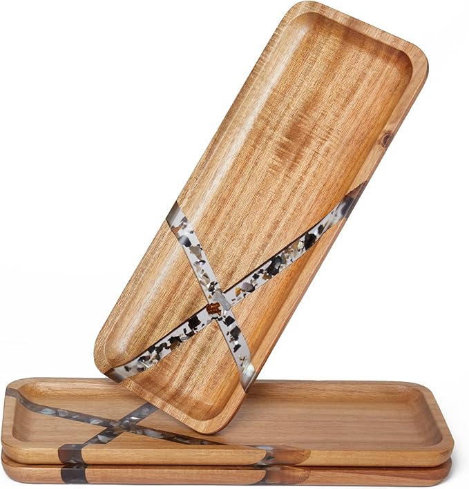 Anyvape Acacia Wood Serving Trays with Resin Inlay – 3-Piece Wooden Charcuterie Boards Set for Cheese, Fruit, Appetizers, Durable Kitchen Platters & Home Decor (14 x 5.5 x 0.78 Inches)