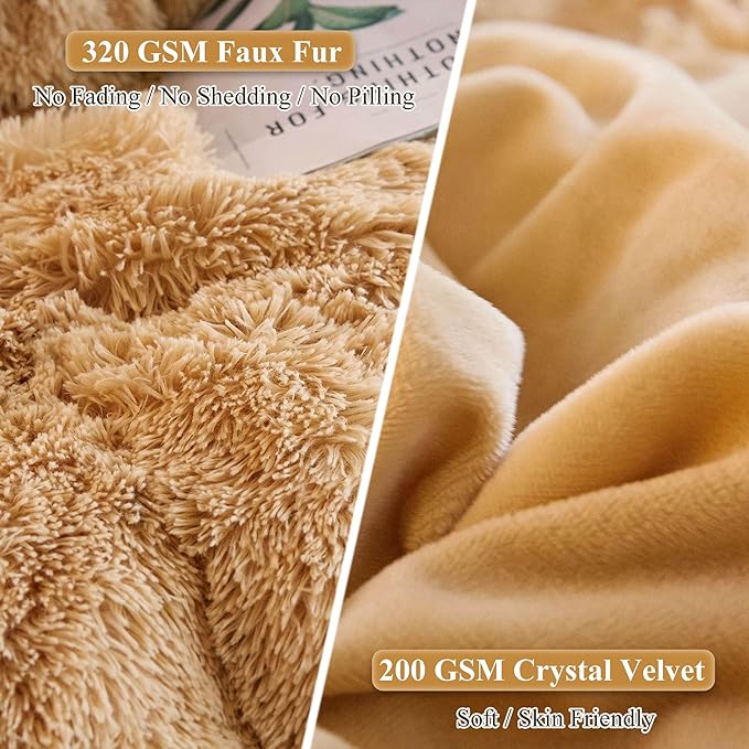 XeGe Faux Fur Throw Pillow Cases, Plush Shaggy Ultra Soft Pillow Covers, Fluffy Crystal Velvet Decorative Pillowcases, Furry Fuzzy Pillow Shams Zipper Closure, Set of 2(Standard, Camel)