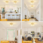 15'' Modern Gold Semi Flush Mount Ceiling Light, 3-Light Glass Drum Light Fixtures, Ceiling Lights for Hallway Entryway Foyer Bedroom Kitchen Dining Room Laundry Room Lighting Fixture, UL-Listed