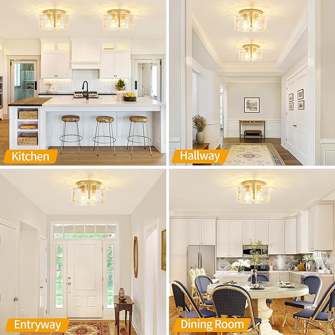 15'' Modern Gold Semi Flush Mount Ceiling Light, 3-Light Glass Drum Light Fixtures, Ceiling Lights for Hallway Entryway Foyer Bedroom Kitchen Dining Room Laundry Room Lighting Fixture, UL-Listed