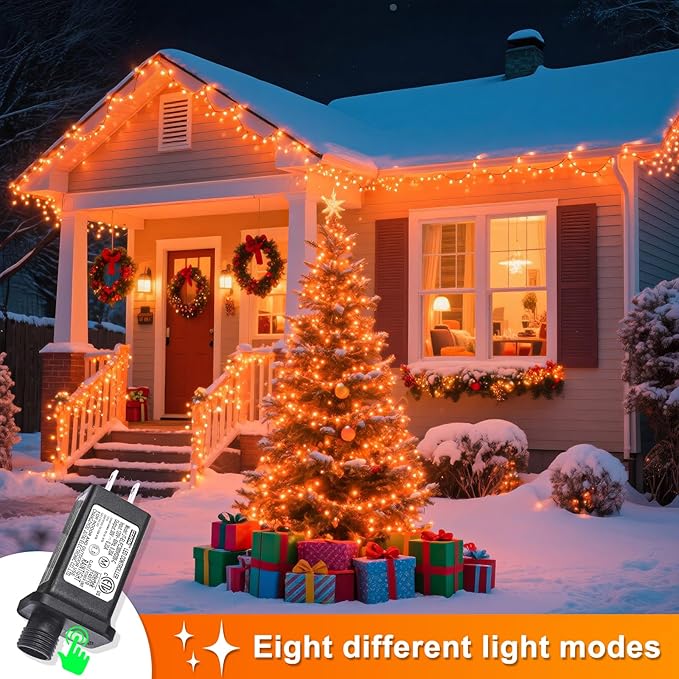 600 LED Orange Lights for Halloween, 197 FT Halloween Lights Indoor Outdoor Clear Wire with 8 Modes, Plug in Waterproof Orange String Light for Christmas Tree Party Thanksgiving Decorations