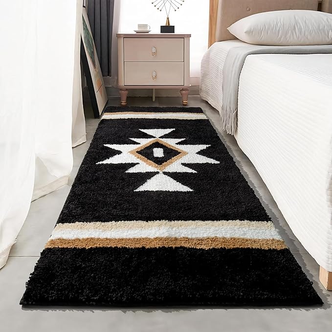 Boho Bathroom Rugs Runner Black Non Slip Bath Mat Geometric Long Soft Absorbent Large Carpet for Entryway Kitchen Shower Farmhouse Decor 24x60