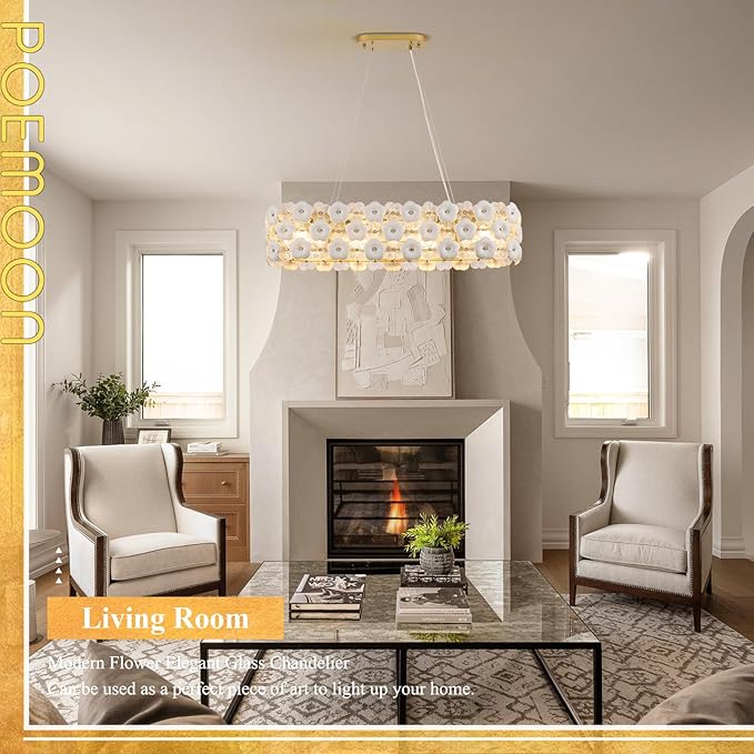 Modern Flower Glass Chandeliers for Dining Room L36” Oval Ceiling Pendant Light Fixture Luxury Gold 8-Light Contemporary Chandelier for Living Room Kitchen Island Bar, E12