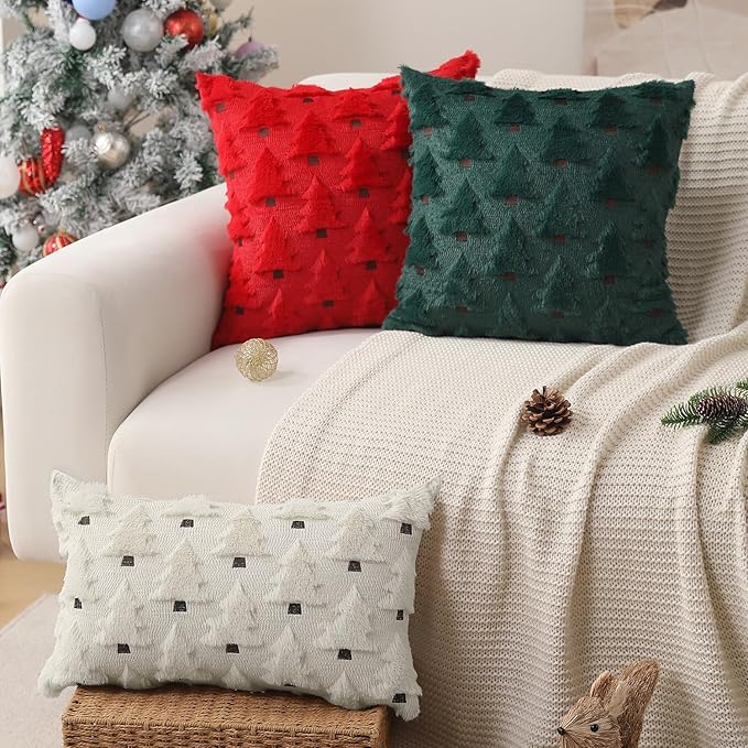 Christmas Pillow Covers 12x20 inch Set of 2 Christmas Decorations Soft Plush Faux Fur Wool Cream White Xmas Tree Throw Pillow Cases Winter Holiday Decor for Sofa Living Room PT-002D12