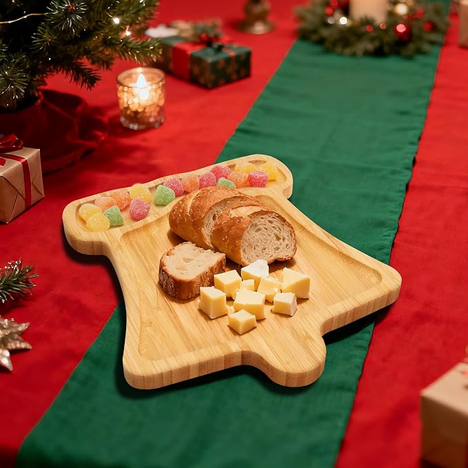 TJ POP Christmas Bell-Shaped Bamboo Serving Platter, Holiday Decorative Jingle Bell Candy Snack Tray, 10” x 9” Natural Wood Serving Tray Cute Charcuterie Board for Cheese, Cookies & Festive Displays
