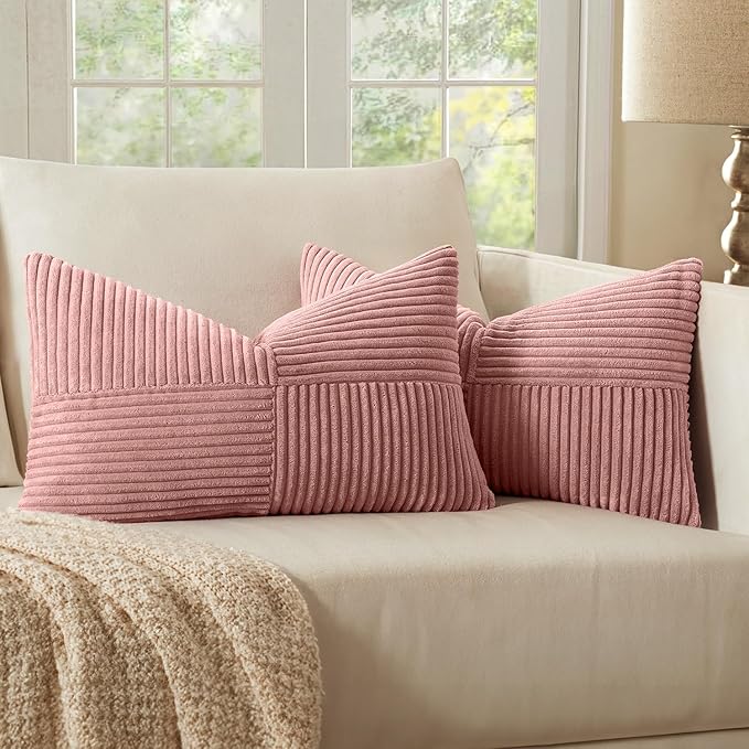 MIULEE Blush Pink Corduroy Pillow Covers Pack of 2 Boho Decorative Spliced Throw Pillow Covers Soft Solid Couch Pillowcases Patchwork Cushion Covers for Living Room Bed Sofa 12x20 inch Valentines Day