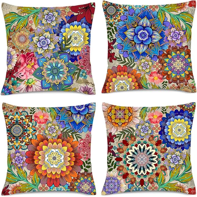 Boho Floral Throw Pillows Covers Colorful Flowers Decorative Pillow Cases for Sofa Couch Bedroom Living Room Decor Farmhouse Cushion Covers 18x18 Inches Set of 4