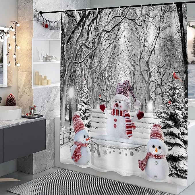 Winter Christmas Shower Curtain Set, Cute Snowman Cardinals Xmas Pine Tree Winter Snow Forest Scene Shower Curtain for Bathroom Decor, Farmhouse Holiday Gray Fabric Bath Accessory with Hooks, 72"x72"