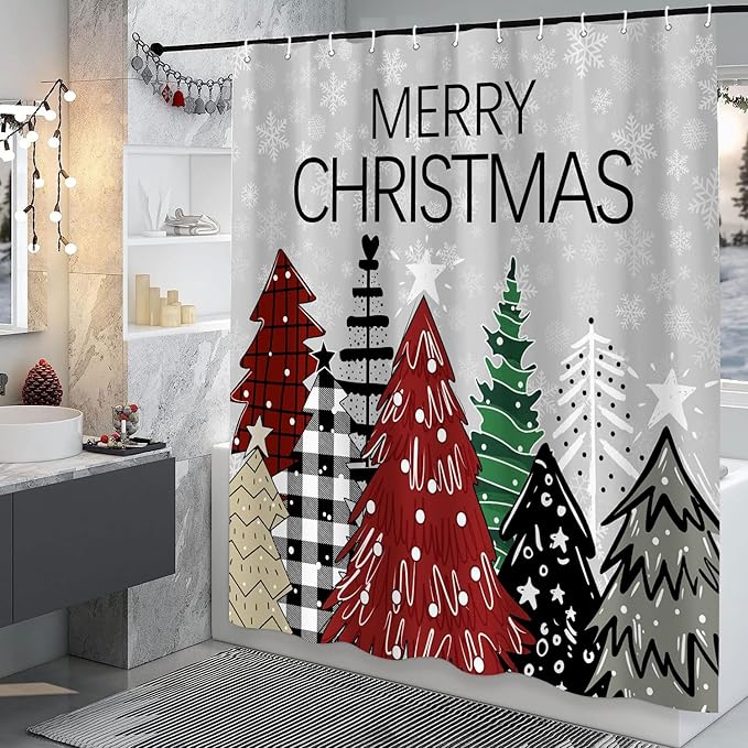 Christmas Trees Shower Curtain, Chic Boho Xmas Tree Snowflake Shower Curtain Set, Farmhouse Holiday Winter Shower Curtain Bathroom Decor with Hooks Grey Fabric Machine Washable with Hooks, 72 x 72 in