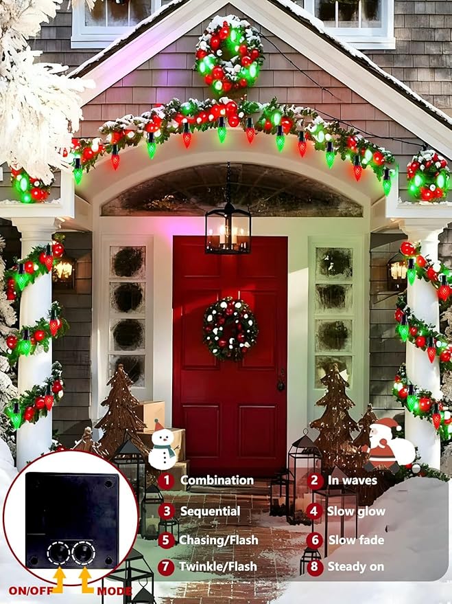 C6 Solar Christmas Lights Outdoor, 50 LED 16FT Christmas Decorations Outdoor Waterproof, Solar String Lights for Outside with 8 Modes, Fairy Twinkle Light for Tree Garden Xmas Decor (Red and Green)