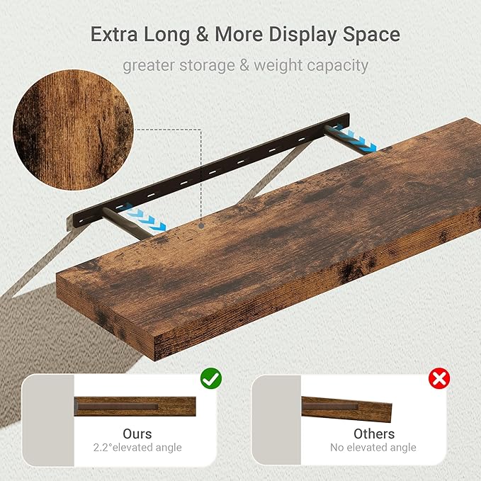 Vivelove Floating Shelves 10 inches Deep, Long 36 x 10 x 1.8 Wall Shelves for Bedroom, Living Room, Kitchen, Office, Bathroom Farmhouse Shelf Home Decor with Invisible Bracket, Rustic Brown