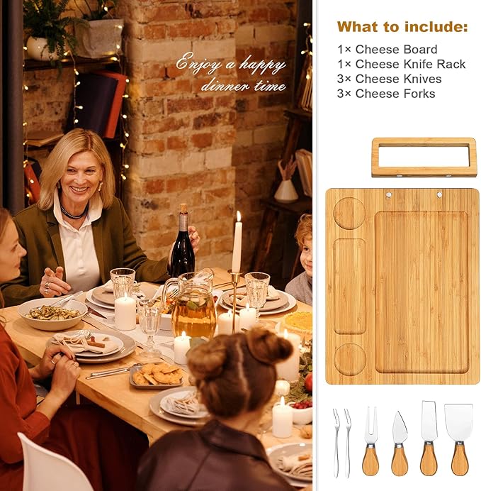 Bamboo Cheese Board Set - Charcuterie Boards and Serving Meat Platter, Cheese Tray with 4 Stainless Steel Cheese Knives Cutting Board Platter, Ideal for Halloween, Wedding, Christmas Gifts