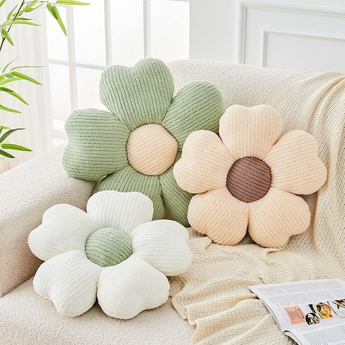 Flower Throw Pillow, Cute Flower Shaped Pillow Decorative Throw Pillow for Bed Couch, Soft Daisy Pillows Floor Seating Cushion Cushions (19.6 Inch Ivory+Brown)