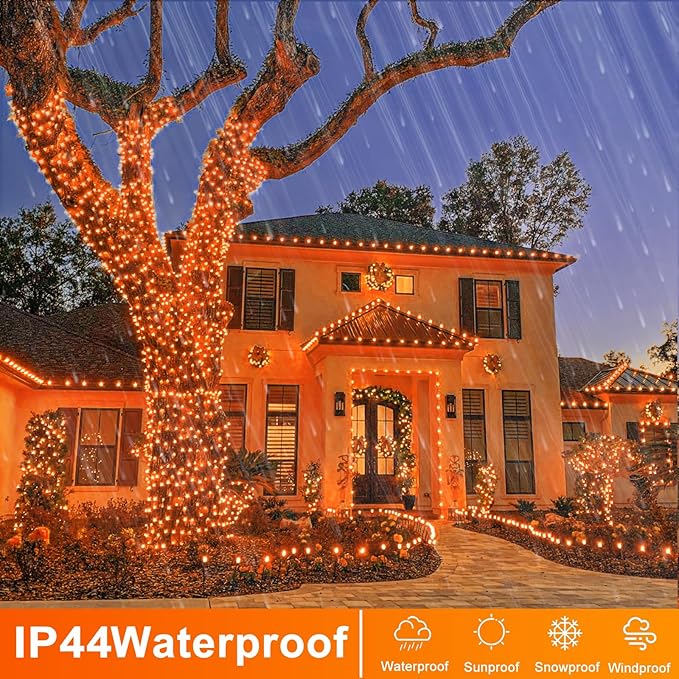 250 LED Orange Lights for Halloween, 82 FT Halloween Lights Indoor Outdoor Clear Wire with 8 Modes, Plug in Waterproof Orange String Light for Christmas Tree Party Thanksgiving Decorations