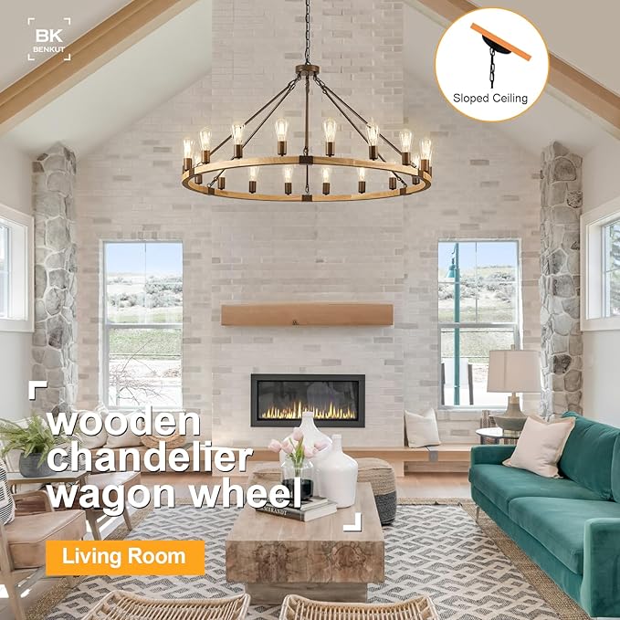 Farmhouse Wagon Wheel Chandelier 47" Wooden Rustic Light Fixtures 18-Light Wood Round Chandelier for Foyer Living Room Entryway Dining Room