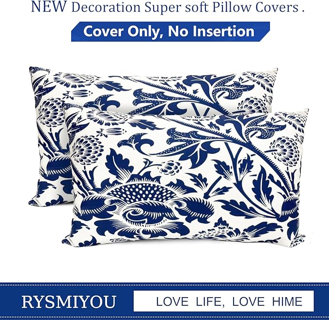 Decorative Throw Pillow Covers Set of 2 Blue Pillow Covers 12x20 inch Short Plush Square Pillows Cover Floral Throw Pillows,Farmhouse Outdoor Pillow Covers for Couch Sofa Bed Living Room