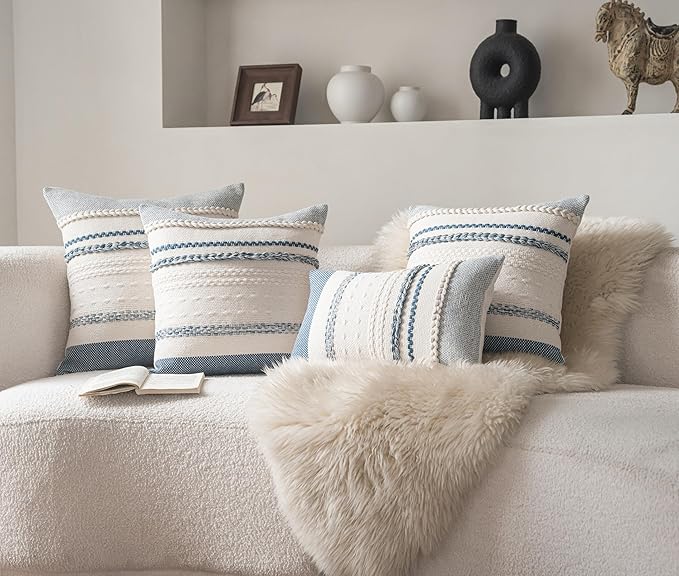 Boho Throw Pillow Covers 18x18 Inch Set of 2, Blue Textured Decorative Couch Pillow Cases for Farmhouse Home Decor, Accent Cushion Cover for Sofa, Bed, Living Room, Bedroom