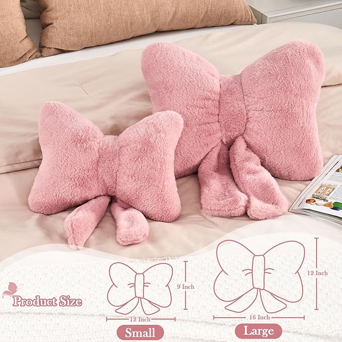 Dusty Pink Bow Pillow, Soft Bow Decorative Pillows with Faux Rabbit Fur, Cute 12" Bow Throw Pillows, Aesthetic Home Decor Bow Shaped Plush Pillow for Bedroom Sofa Couch