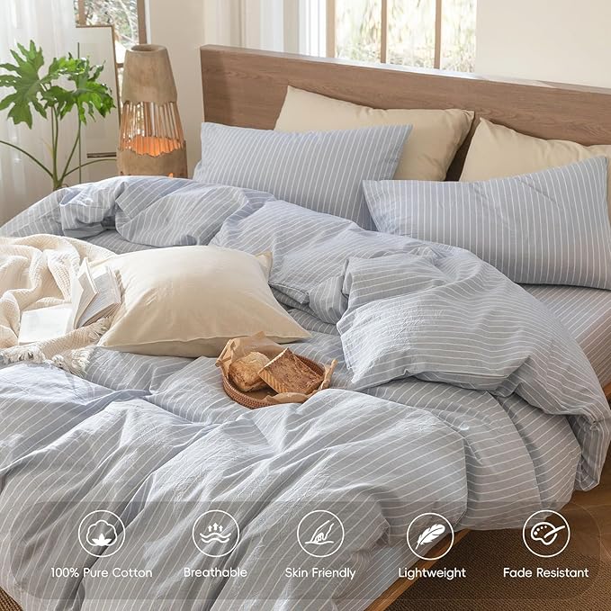 MooMee Striped Duvet Cover Set 100% Washed Cotton Linen Like Textured Breathable Durable Soft Comfy (Cornflower Blue White Wide Stripes, Queen 90"x90")