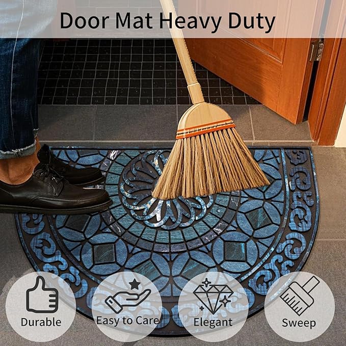 Door Mat Welcome Mat, Heavy Duty Outside Door Mat 23.6 x 35.4 Inch Round Front Door Rug Doormat for Entrance Home Non-Slip Rubber Rug for Front Door, Entryway, Patio (Blue)