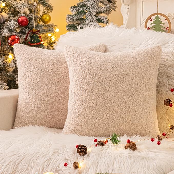 AQOTHES Beige Winter Throw Pillow Covers 18x18 Inch Set of 2, Boucle Faux Fur Pillow Covers,Cozy Fluffy Home Living Room Farmhouse Decor for Sofa Couch Bed