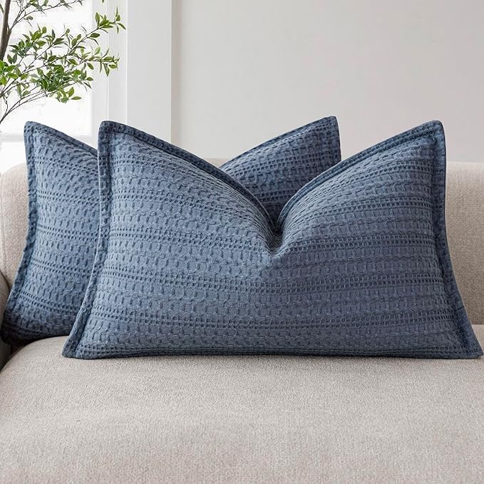 Foindtower Set of 2 Decorative Cotton Waffle Weave Lumbar Throw Pillow Covers Euro Shams Cushion Covers Accent European Pillowcase for Bed Couch Bedroom Living Room Home Decor 12×20 Inch Blue