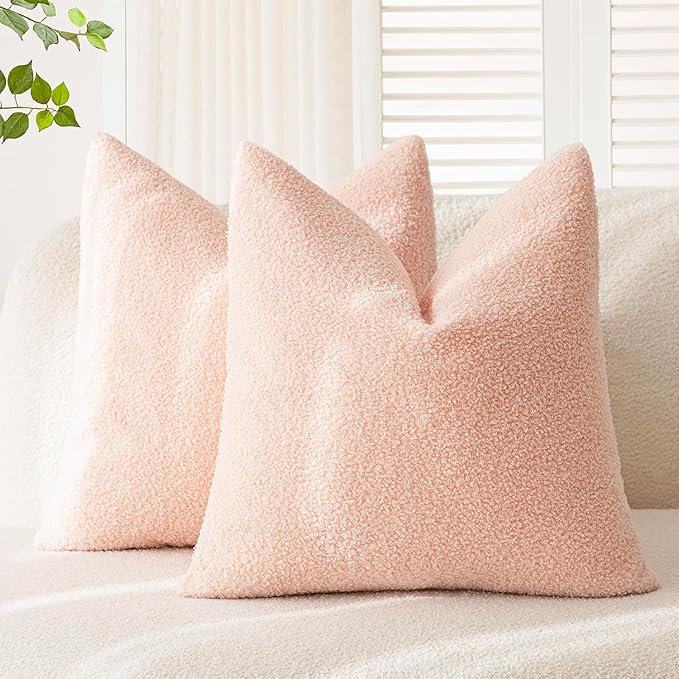Foindtower Pack of 2, Curly Faux Fur Decorative Throw Pillow Covers Soft Fuzzy Plush Cushion Case with Zipper Cozy Pillowcase for Home Living Room Couch Bed Sofa 24 x 24 Inch, Light Pink