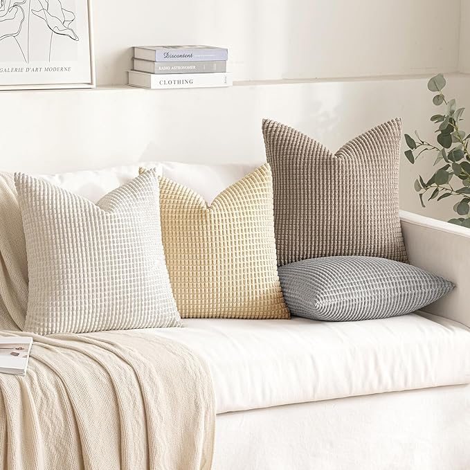 MIULEE Neutral Harmony Decorative Pillow Covers 18x18 Inch Set of 4 Rustic Farmhouse Boho Soft Throw Pillows Corduroy Couch Pillowcases Nordic Home Decor for Sofa Living Room Bed