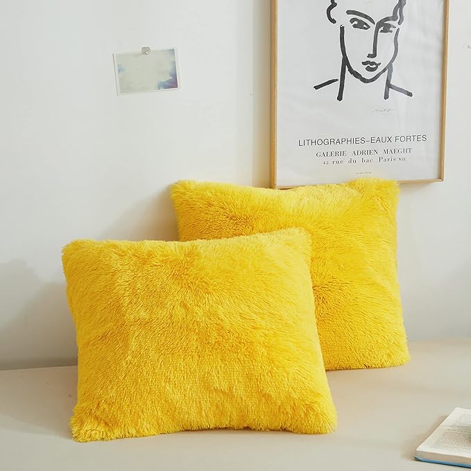 XeGe Faux Fur Throw Pillow Covers, Luxury Fluffy Plush Pillow Shams, Shaggy Decorative Pillow Cushion Cover for Sofa Bed Couch with Zipper Closure, Pack of 2 (18''x18'', Yellow)