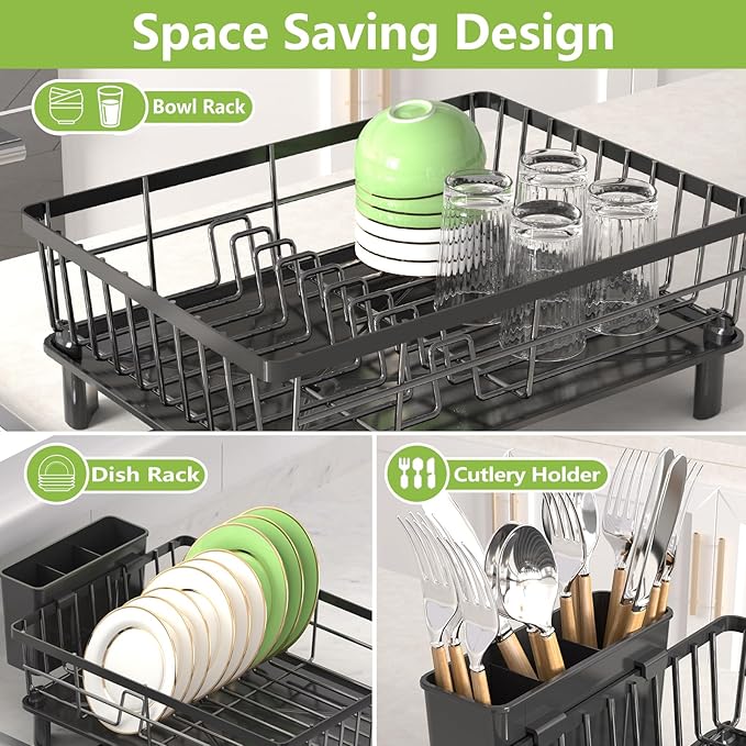 Dish Drying Rack for Kitchen Counter, Stainless Steel Dish Strainer with Detachable Cutlery Holder, Automatic Drainage System, Drainers Rack for Home and Appartment