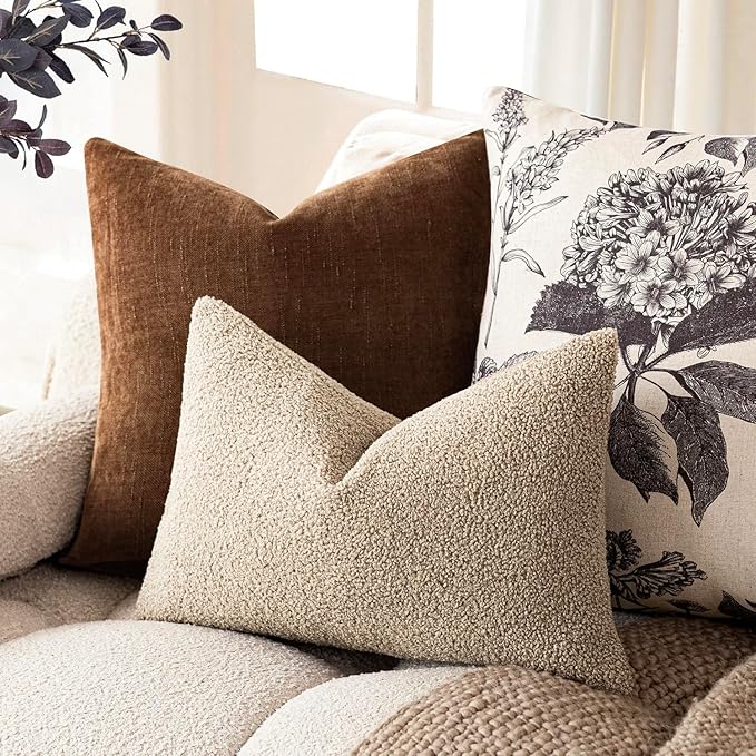 Foindtower Pack of 2, Curly Faux Fur Decorative Throw Pillow Covers Soft Fuzzy Plush Cushion Case with Zipper Cozy Pillowcase for Home Living Room Couch Bed Sofa 12 x 20 Inch,Taupe Khaki Camel