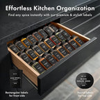 Glass Spice Jars with Labels (24 x 4oz) Spice Containers with 240 Labels, Shaker Inserts, Funnel, Empty Square Empty Square Seasoning Organizer (Black Lids)