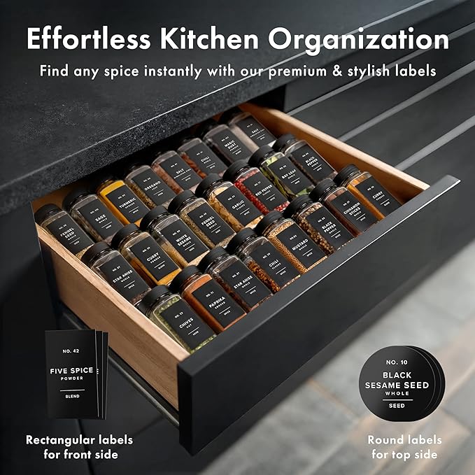 Glass Spice Jars with Labels (24 x 4oz) Spice Containers with 240 Labels, Shaker Inserts, Funnel, Empty Square Empty Square Seasoning Organizer (Black Lids)