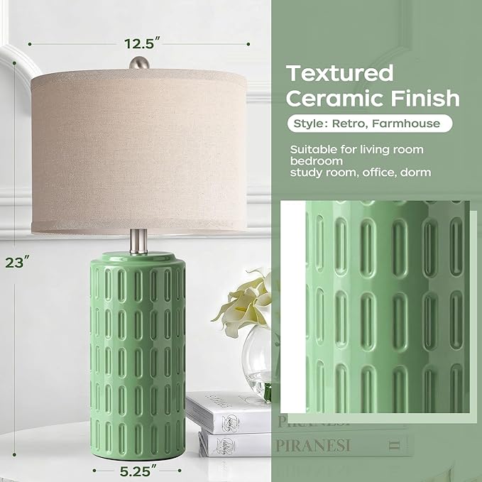 PARTPHONER 23" Farmhouse Modern Ceramic Table Lamp Set of 2 - Green Bedside Lamps for Bedroom & Living Room, Nightstand, Desk, End Table
